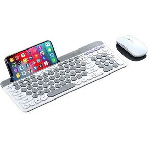 Wireless Keyboard and Mouse Combo with Phone Tablet Holder, Rechargeable Dual-Mode (Bluetooth 5.0 and 3.0 +2.4G) Multi-Device Silent Mouse for Windows, iPad, Tablet, MacOS,iOS,Android (Grey+White)