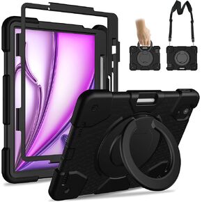 Case for iPad Air 11 inch 2024 M2 Case 6th Generation Case, Heavy Duty Protective Cover with Pencil Holder/360° Rotate Handle Stand/Shoulder Strap for A2902/A2903/A2904, Red+Blue
