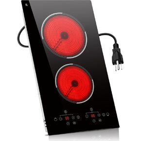 2 Burner Electric Cooktop, Built-in & Countertop Electric Stovetop 12 Inch, Ceramic Cook Top with Knob Control, 9 Power Levels Setting, Over-Temperature Protection, 110V - 120V Plug in