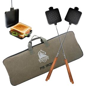 Campfire Pie Iron 4.9" Large Cast Iron Sandwich Maker for Camping 2 Pcs with Storage Bag - 22.6 inch Thickened Handles - Campfire Cooking Equipment for Grilling & Outdoor Cooking
