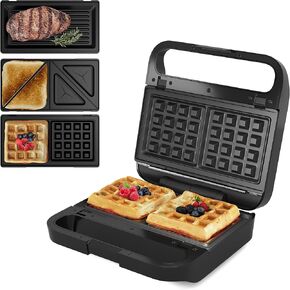 Sunvivi 3 in 1 Sandwich Maker, Electric Waffle Maker with Removable Non-stick Plates, 850W Panini Press Grill with Glass Top, Cool Touch Handle & Easy to Clean, Black