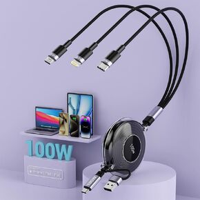 100W Multi Charging Cable, Retractable iPhone Charger Cord Compact for Travel, 4FT 6-in-1 Retractable Fast Charging Adapter with USB C/Lightning/Micro USB Ports for iPad Pro 2024/iPhone 15 14 (White)