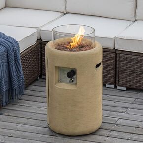 COSIEST Outdoor Propane Fire Pit Table w Compact Ledgestone 16-inch Round Graphite Base and Glass Wind Guard, CSA Certified, 40,000 BTU, Free Lava Rocks, Touch-up Pen, Fits 20lb (Creamy White)