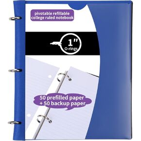 Pivotable Refillable Notebook, 1 Inch 3 Ring Notebook Binder, 100 College Ruled Paper, 5 Subject Notebook with Dividers and Folder Pockets, Tabs- Red