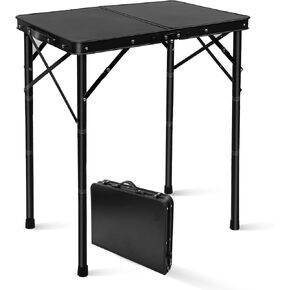 Folding Camping Table, Pure Black 2ft Picnic Table Metal Legs MDF Tabletop, Small Outdoor Table Adjustable Height, Lightweight, Waterproof, Portable Handle for Travel Cooking