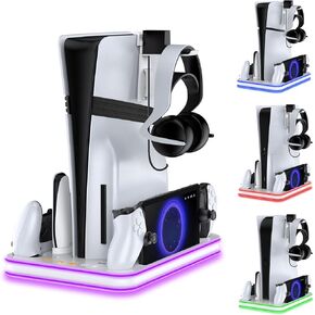 محطة PS5 / PS5 Slim Stand ومحطة التبريد مع محطة شحن وحدة التحكم LED لـ PlayStation 5 Disc / Digital Edition Console ، PS5 / PS5 Slim Exclists مع 3 مروحة تبريد من المستوى ، Blacklighting