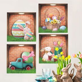 Easter Decoration Stickers for Wall Easter Bunny Wall Decals Peel and Stick 3D Fake Window Spring Wall Sticker Natural Landscape Wall Decals Flowers Rabbit Wall Art Murals for Living Room Nusery Decor