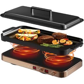 Portable Induction Cooktop 2 Burner with Removable Iron Cast Griddle Pan Non-stick, 1800W Double Induction Cooktop with Child Safety Lock & Time, Great for Family Party