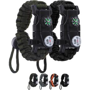 Adjustable Survival Paracord Bracelet, 2 Pack Emergency Fire Starter Kit with Loud Whistle Compass Light Flint Steel for Hiking Fishing Hunting, Tactical Gear Equipment Multitools in Kuwait