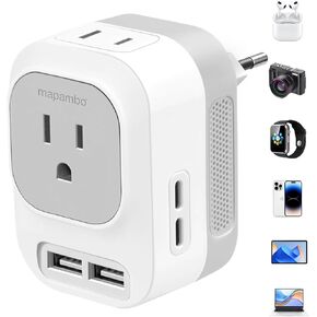 Mapambo Upgraded 220V to 110V Voltage Converter US to Europe Converter for European Travel Plug Adapter with 2 USB Port 2 USB C International Power Adapter for US to France Germany (Grey)