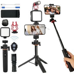 Vlogging Kit for iPhone, Android, Compatible YouTube Starter Kit for with Rechargeable LED Light + Microphone + Phone Clip + Multifunctional Tripod for Vlogging, Instagram, TikTok
