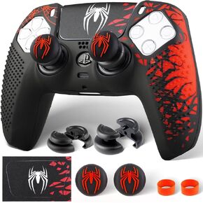 PlayRealm Silicone Skin Cover Sticker x 1 & Extender Grips x 2 for PS5 Controller Spider Web