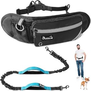 Hands-Free-Dog-Leash- Padded Adjustable Waist Walking Leash with Removable Zipper Pouch, Crossbody Shock Absorbing Bungee Leash Dual Handle and Reflective Stitches for Dogs Running Jogging