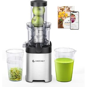 Amzchef Cold Press Juicer ، آلات العصير - 3.1 "شلن الأعلاف الكبيرة للفواكه والخضروات الكاملة ، وعصارة مضغ بطيئة من الفولاذ المقاوم للصدأ سهلة التنظيف ، وكبير ، ومصادر مزدوجة ، وفضة