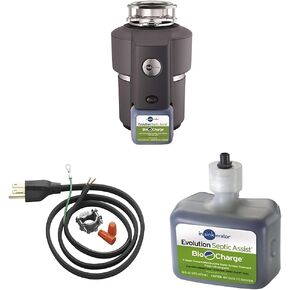 InSinkErator Evolution Septic Assist 3/4 HP Household Garbage Disposal & Garbage Disposal Power Cord Kit & CG Evolution Septic Assist Bio Charge Replacement Cartridge, 16-Ounces, Blue, 12 Ounce