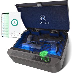 OneTigris Gun Safe for Handgun, 0.1S Quick Access Biometric Handgun Safe for Pistols, 4-Ways Unlock APP/Fingerprint/Numeric Code/Key, Gun Lock Box for Nightstand Bedside Home Car - Aluminum Alloy