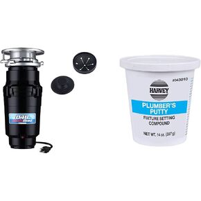 Waste Maid 10-US-WM-048-3B Garbage Disposal Anti-Jam Stainless Steel Food Waste Grinding System, 1/3 HP Builder, Black & Harvey's WM Harvey 043010 Stainless Plumbers Putty, 14 oz