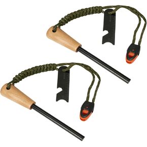 2 Pack Ferro Rod Fire Starter Survival Tool, Flint and Steel Fire Starter Kit 6-in-1 Multi-Tool, Firestarter Striker with Paracord Lanyard and Wooden Handle for Campfires, 3.5"(Long) x 5/16" (Dia.)