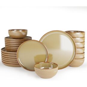 Earthsong Dinnerware Sets for 4, 12-Piece Ceramic Plates and Bowls Set, Dishwasher and Microwave Safe Stoneware Dishes Set, Ribbed, Sculpted Dune