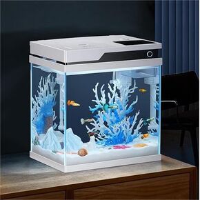 PONDON Smart Fish Tank 4 Gallon, Small Beta Fish Aquariums Startar Kit with Automatic Feeder, Glass Betta Tank with Filter and Light (4-Gal Black)