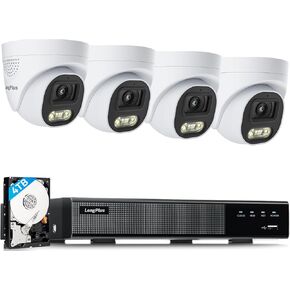 LongPlus Wired Security Camera System 4K, 8CH NVR 8MP Home Security System, 4 Dome PoE Cameras, LED Spotlight Color Night Vision, Flashing LED Alarm Lights, 2.8mm Lens, 132° FOV, 2-Way Audio, 2TB HDD