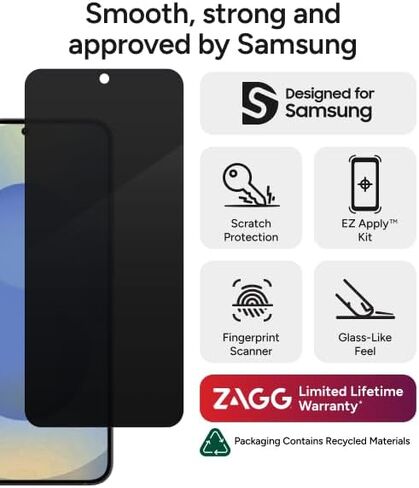 ZAGG Fusion Privacy Anti-Glare Samsung Galaxy S25 Screen Protector - Flexible Hybrid Polymer, Matte Finish, 2-Way Privacy Filter, Recycled Materials, InvisibleShield, Easy Application in Kuwait