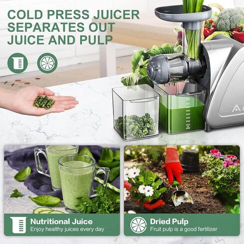 Cold Press Juicer, Aobosi Slow Masticating Juicer Machines with Reverse Function, Quiet Motor, High Juice Yield with Juice Jug & Brush for Cleaning, Gray in Saudi Arabia