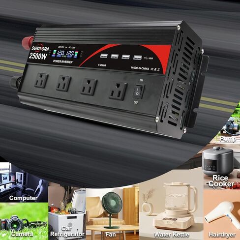محول طاقة 2500 واط مع شاشة LCD وجهاز تحكم عن بعد 12 فولت تيار مستمر إلى 110 فولت/120 فولت تيار متردد 60 هرتز محول طاقة مع 4 مقابس و4 منافذ USB عاكس للمركبة RV شاحنة التخييم in Kuwait