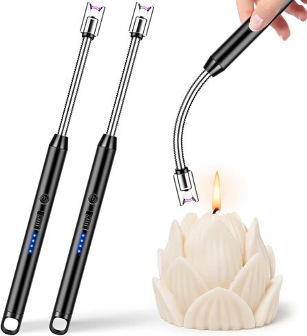 LcFun Electric Candle Lighters USB Rechargeable Lighter with LED Battery Display, 2 Pack Windproof Long Arc Lighter for Grill BBQ Camping Fireplace Stove (Double Black) in Kuwait