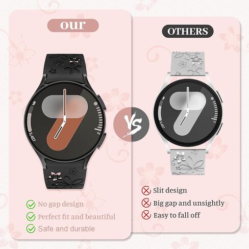 Flower Engraved Band for Samsung Galaxy Watch 7/6/5/4/FE 40mm 44mm/Galaxy Watch 6/4 classic Bands 47mm 43mm 46mm 42mm/Watch 5 pro 45mm Women,No Gap Silicone Cute Floral Strap Wristband Two-Tone Correa in Saudi Arabia
