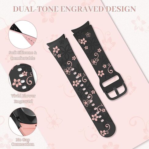 Flower Engraved Band for Samsung Galaxy Watch 7/6/5/4/FE 40mm 44mm/Galaxy Watch 6/4 classic Bands 47mm 43mm 46mm 42mm/Watch 5 pro 45mm Women,No Gap Silicone Cute Floral Strap Wristband Two-Tone Correa in Saudi Arabia
