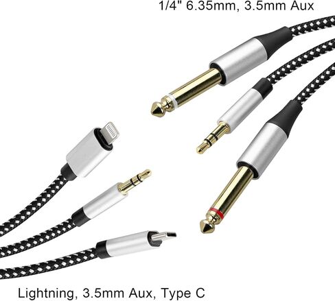 4.26ft MFI Lightning Lightning إلى 1/4 بوصة كابل محول الصوت ، ضمن 1/4 إلى USB C ، محول من 3.5 مم إلى 1/4 بوصة ، تشمل رقاقة DAC ، 3-in-1 Stereo 1/4 كابل سماعات الرأس (Lightning متناسق) in Kuwait