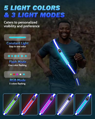 LED Reflective Belt Sash - 5 Lights Colors & 3 Light Modes High Visibility Night Safety Belt, Rechargeable Light Up Running Gear Adjustable Vest Straps for Runners Walkers Men Women in Kuwait