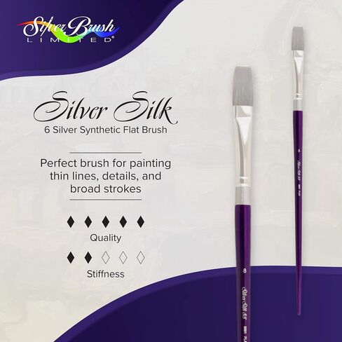 Silver Brush Limited 8801-6 Silver Silk 88 Flat Paintrush for Acrylic و Watercolor و Gouache و Leks و Hyes ، Size 6 ، Long Handle in Kuwait