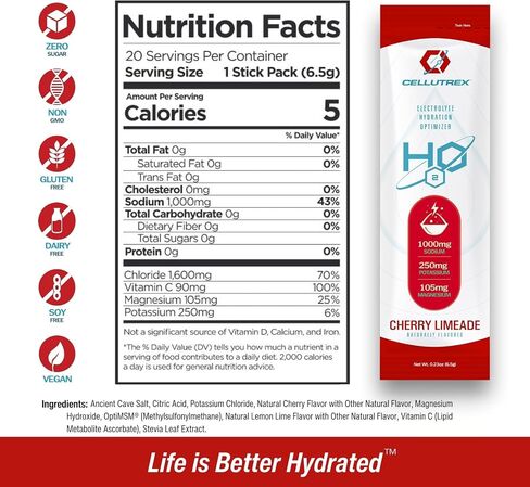 Cellutrex® H2O Electrolytes - Variety Pack - Zero Sugar Salt Hydration Packets, Additive-Free, Non-GMO Electrolytes Powder for Workouts, Fasting & More, 20 Easy-Open Sticks in Saudi Arabia