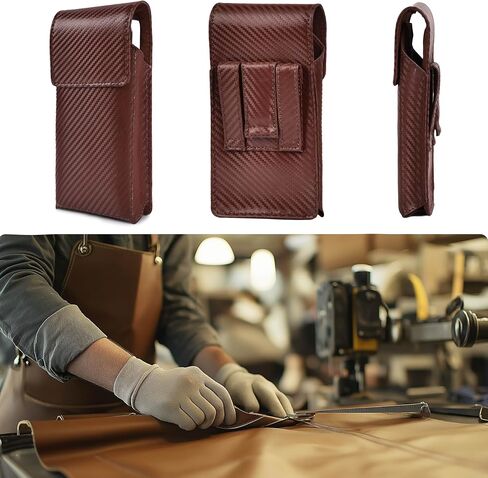 LEATHER VILLAGE Carbon Fiber Leather Phone Holster with Belt Clip and Magnetic Closure Stylish for Men- Medium Universal Cell Phone Pouch for iPhone, Samsung Galaxy, Google Pixel- Brown in Kuwait