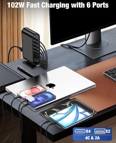 96W Charging Station for Multiple Devices,6 Port Multi Charger Station with 6ft USB C Cables,USB C Fast Charging Hub Organizer Multiport for iPhone 16 15 Pro Max, Samsung, Android, iPad, (Black) in Saudi Arabia
