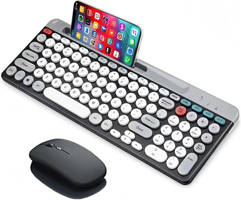 Wireless Keyboard and Mouse Combo with Phone Tablet Holder, Rechargeable Dual-Mode (Bluetooth 5.0 and 3.0 +2.4G) Multi-Device Silent Mouse for Windows, iPad, Tablet, MacOS,iOS,Android (Grey+White) in Saudi Arabia