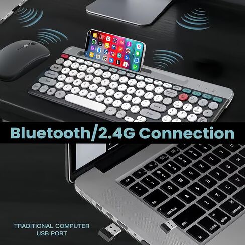 Wireless Keyboard and Mouse Combo with Phone Tablet Holder, Rechargeable Dual-Mode (Bluetooth 5.0 and 3.0 +2.4G) Multi-Device Silent Mouse for Windows, iPad, Tablet, MacOS,iOS,Android (Grey+White) in Saudi Arabia