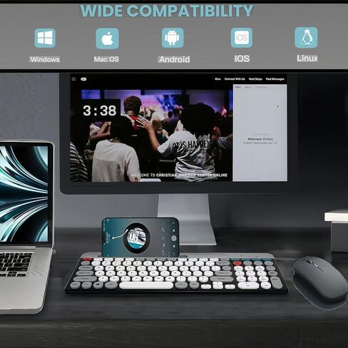 Wireless Keyboard and Mouse Combo with Phone Tablet Holder, Rechargeable Dual-Mode (Bluetooth 5.0 and 3.0 +2.4G) Multi-Device Silent Mouse for Windows, iPad, Tablet, MacOS,iOS,Android (Grey+White) in Saudi Arabia