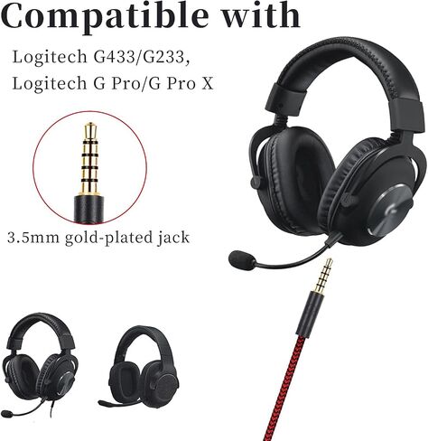 3.5 مم (1/8 ") G Pro X Cord Gaming Cable Cable Placeming for Logitech G Pro / G433 / G233 ، سلك مضفر من النايلون مع مفتاح كتم الصوت ووحدة التحكم في الحجم ، بطول 2 م 6 أقدام (حمراء) in Saudi Arabia