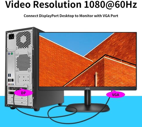 DisplayPort to VGA Cable ، DisplayPort to VGA Adapter DP إلى Cable VGA Male إلى الذكور المطلي بالذهب للكمبيوتر ، الكمبيوتر المحمول ، الكمبيوتر ، الشاشة ، التلفزيون ، العرض (1.5 قدم) in Kuwait