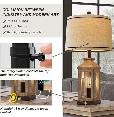 23.75 "Retro Farmhouse Black Table Lamp لغرفة المعيشة غرفة نوم منضدة حزمة واحدة تحكم اللمس بجانب السرير فينتيج مصباح حديث مع موانئ USB C+A ومصادر إضاءة 2 in Kuwait