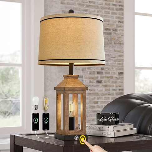 23.75 "Retro Farmhouse Black Table Lamp لغرفة المعيشة غرفة نوم منضدة حزمة واحدة تحكم اللمس بجانب السرير فينتيج مصباح حديث مع موانئ USB C+A ومصادر إضاءة 2 in Kuwait