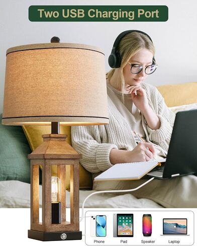 23.75 "Retro Farmhouse Black Table Lamp لغرفة المعيشة غرفة نوم منضدة حزمة واحدة تحكم اللمس بجانب السرير فينتيج مصباح حديث مع موانئ USB C+A ومصادر إضاءة 2 in Kuwait