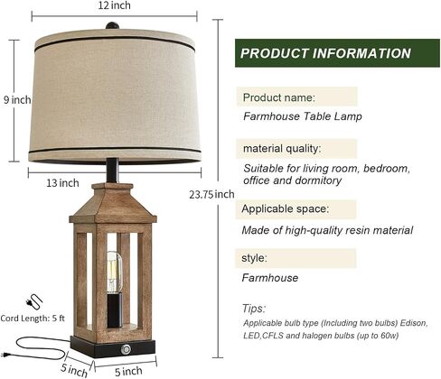23.75 "Retro Farmhouse Black Table Lamp لغرفة المعيشة غرفة نوم منضدة حزمة واحدة تحكم اللمس بجانب السرير فينتيج مصباح حديث مع موانئ USB C+A ومصادر إضاءة 2 in Kuwait