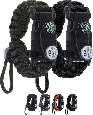 Adjustable Survival Paracord Bracelet, 2 Pack Emergency Fire Starter Kit with Loud Whistle Compass Light Flint Steel for Hiking Fishing Hunting, Tactical Gear Equipment Multitools in Kuwait