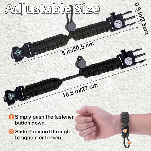 Adjustable Survival Paracord Bracelet, 2 Pack Emergency Fire Starter Kit with Loud Whistle Compass Light Flint Steel for Hiking Fishing Hunting, Tactical Gear Equipment Multitools in Kuwait