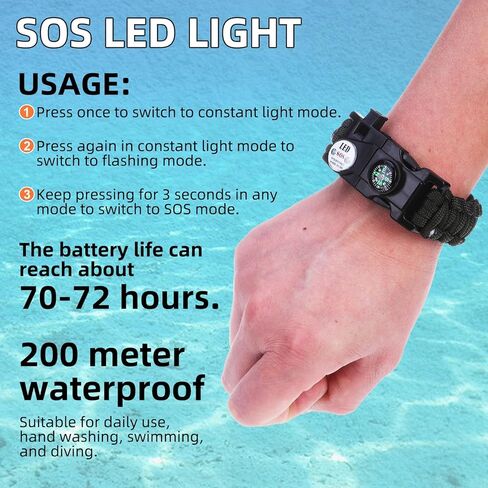 Adjustable Survival Paracord Bracelet, 2 Pack Emergency Fire Starter Kit with Loud Whistle Compass Light Flint Steel for Hiking Fishing Hunting, Tactical Gear Equipment Multitools in Kuwait