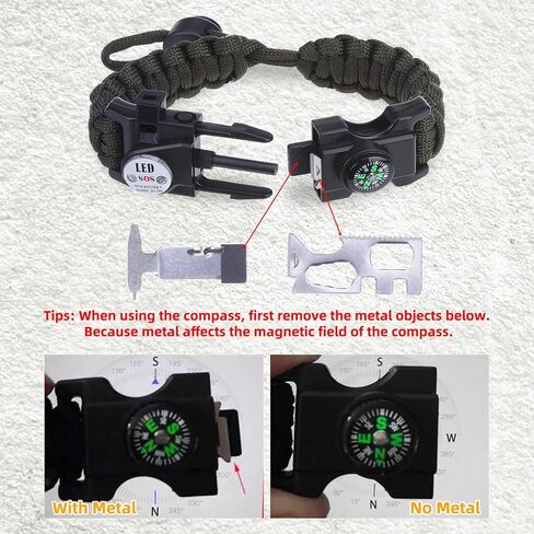 Adjustable Survival Paracord Bracelet, 2 Pack Emergency Fire Starter Kit with Loud Whistle Compass Light Flint Steel for Hiking Fishing Hunting, Tactical Gear Equipment Multitools in Kuwait